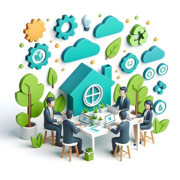 Photo a 3d flat icon of sustainability concept happy a group of business professionals brainstorming eco f