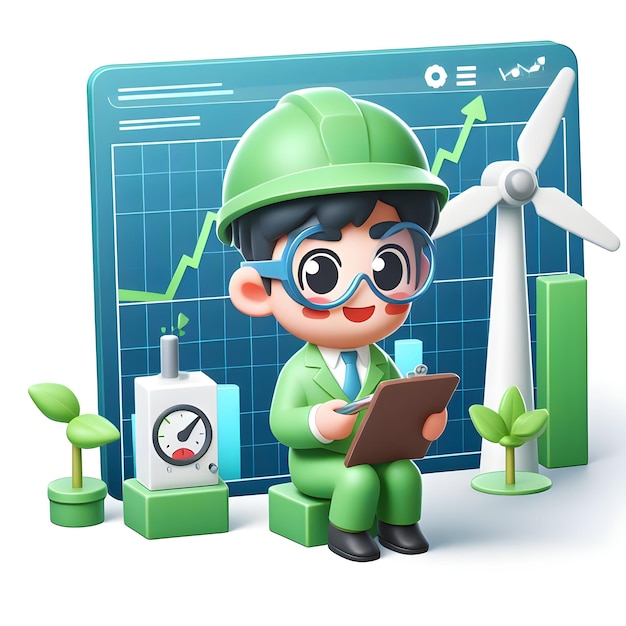 A 3d flat icon of sustainability concept happy A trader monitoring the stock performance of renewabl