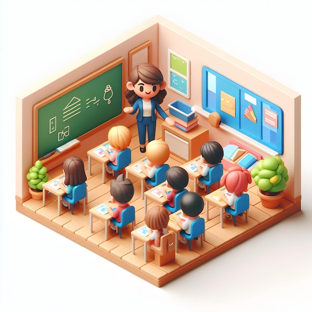 3D Flat Icon Teacher Embracing Positive Body Language for a Welcoming Classroom in Isometric Cartoo