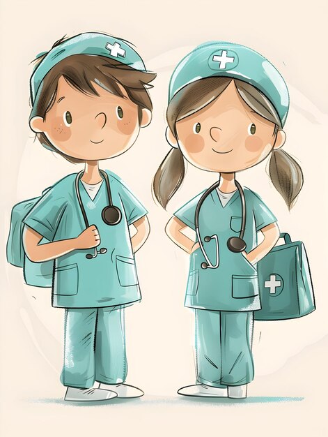 Photo 3d flat icon of two healthcare workers with medical bags and stethoscopes on clean background effi