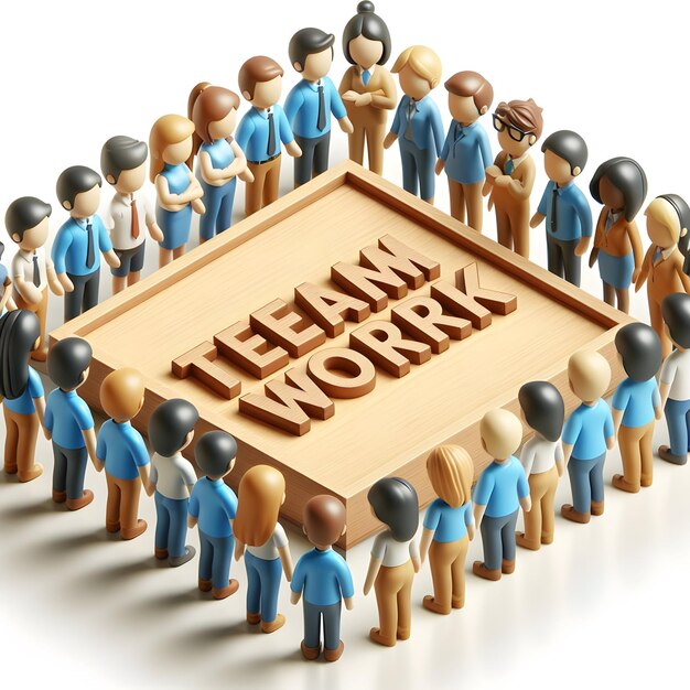 3D flat icon with wording Teamwork etched on a wooden board surrounded by 3D character avatarswith