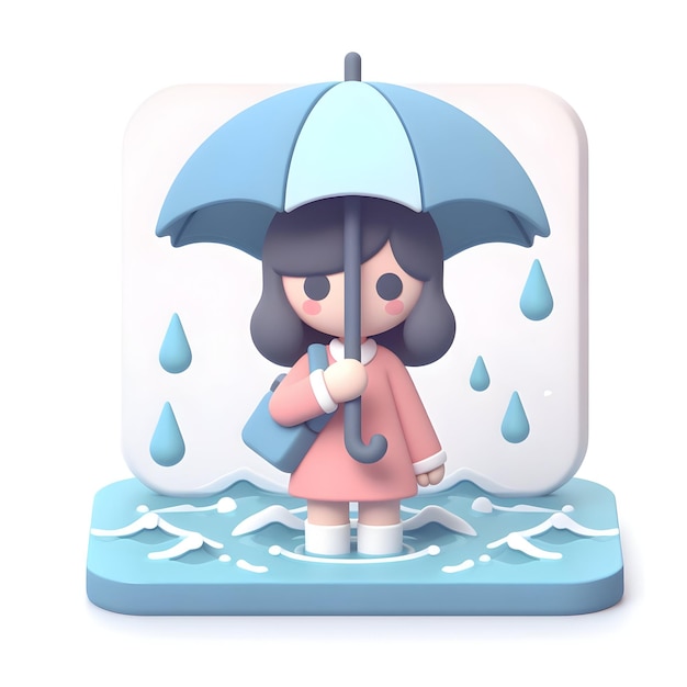 A 3d flat icon of Woman Holding Umbrella in Flooded Street During Heavy Rainfall in a minimal cute s