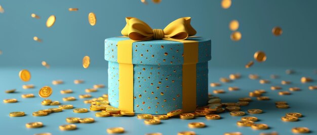 A 3D flat image of a gift box with a gold and silver coin inside a surprise box with cash inside Casino or online game winner Money prize reward Loyalty program concept 3D illustration of cartoon