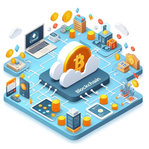 3d flat vector as cloud computing with blockchain integration and blockchain icons concept as vector