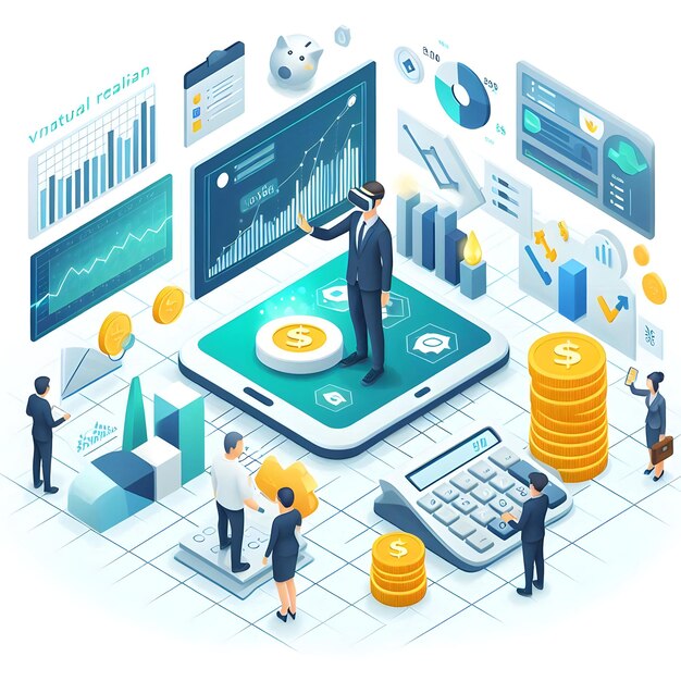 Photo 3d flat vector as financial consultant using virtual reality for financial planning concept as a vec