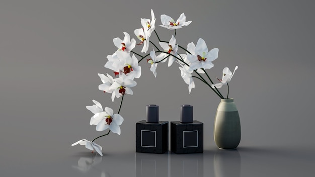 3D-flessen voor cosmeticavaas met bloemen 3D-renderingconcept voor reclame