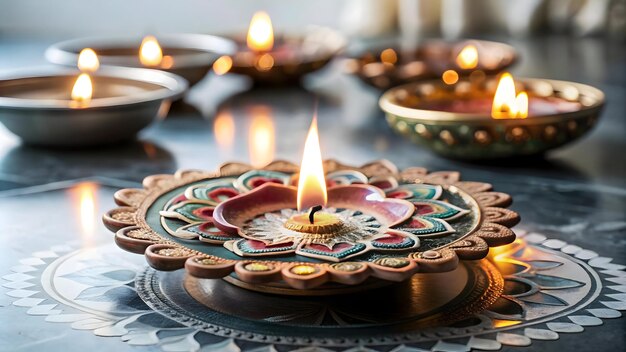 3d floating labh pancham diya and rangoli pattern with white background concept as an abstract vecto