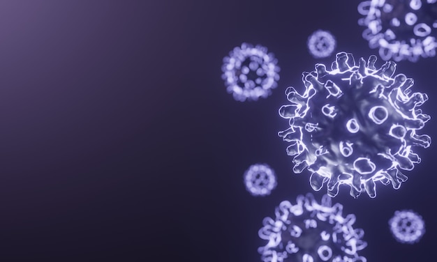 3d floating of purple coronaviruses.