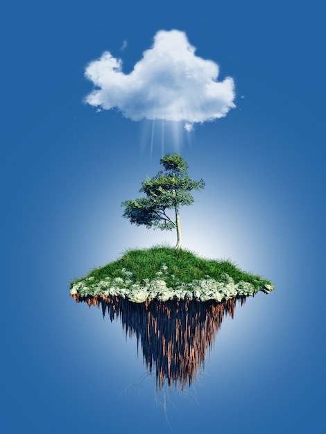 3D floating tree island under a cloud