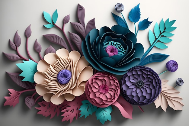 3D floral ambachtelijke paarse, roze, roze en blauwe bloemen op lichte achtergrond