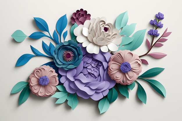 3D floral ambachtelijke paarse, roze, roze en blauwe bloemen op lichte achtergrond