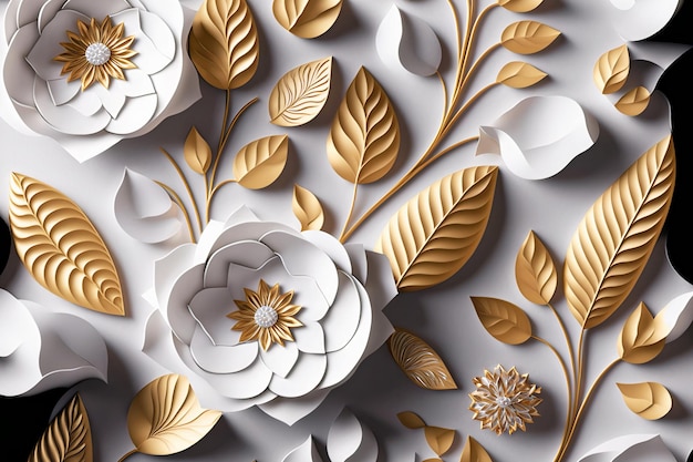 3d floral craft wallpaper. golden, gray, golden and yellow flowers in a light background. for room