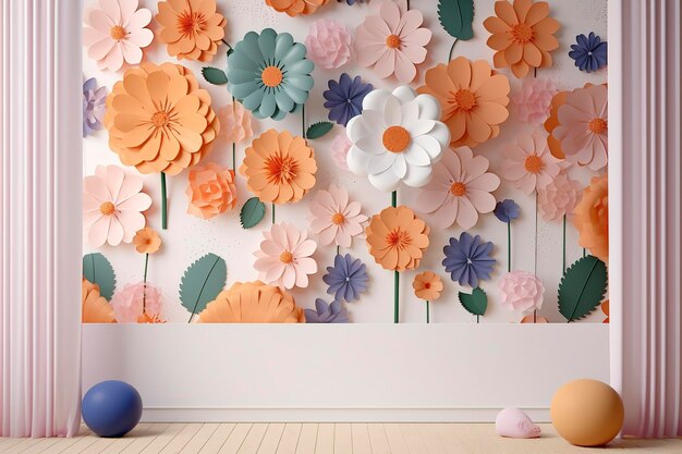 3d floral craft wallpaper orange rose green and yellow flowers in light background for kids room wall decor generate ai