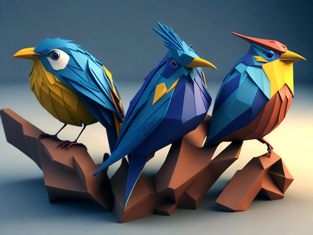 3d Floral style birds Isolated parrot sits on a branch in front of a sunset