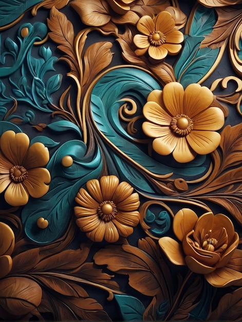 Photo 3d flower carvings on the walls with a luxurious feel beautiful golden floral ornate