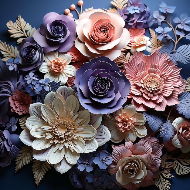 3D дизайн цветов с цветами в синем и фиолетовом