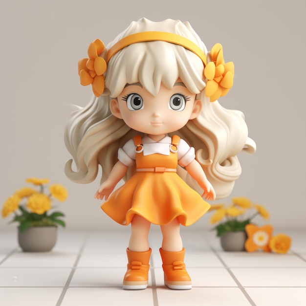 3D Flower Girl Blind Box Toy Mockup with Wrinkled Forehead