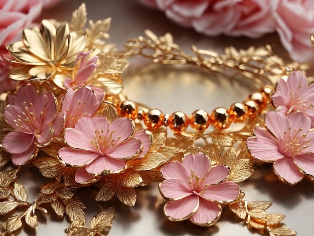 3D Flower Pattern in Luxurious Golden and Pink Jewelry