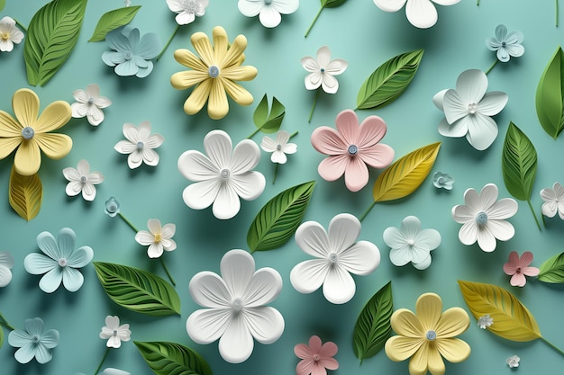 3d flowers on blue background or pattern Spring time and summer blossom banner Happy spring concept