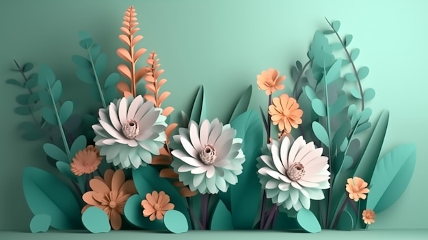 Fiori 3d su sfondo verde tempo di primavera e fiore d'estate concepto di primavera felice o banner con pl