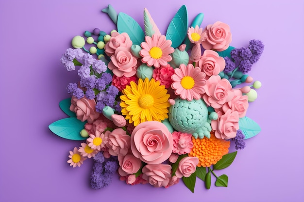 3D 꽃 그림 식물 배열 축제 꽃 꽃다발 라일락 배경에 밝은 사탕 색상 해피 어머니 발렌타인 여성의 날 휴일 개념 Ai 생성