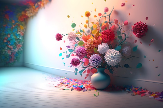 3d flowers in a vase with colorful petals on the floor