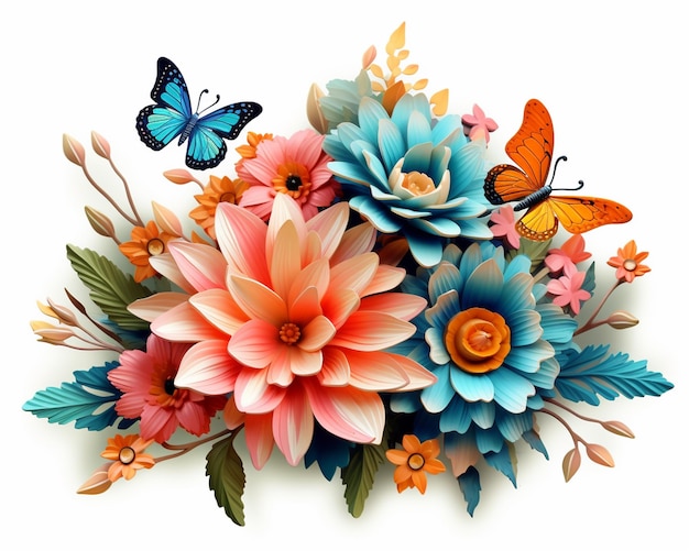 3D Flowers with Butterfly 클립 아트