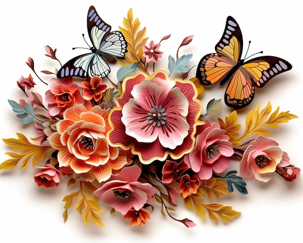 3D Flowers with Butterfly 클립 아트