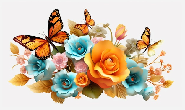 3D Flowers with Butterfly 클립 아트