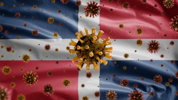 3D、気道を攻撃する病原体であるドミニカ共和国の国旗の上に浮かぶインフルエンザコロナウイルス。 Covid19ウイルス感染の概念のパンデミックで手を振るドミニカ共和国のテンプレート