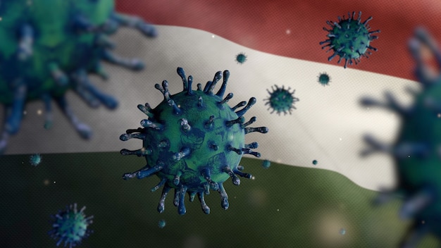 3D、ハンガリーの旗の上に浮かぶインフルエンザコロナウイルス、気道を攻撃する病原体。 Covid19ウイルス感染の概念のパンデミックで手を振っているハンガリーのバナー。本物の生地の質感のエンサイン
