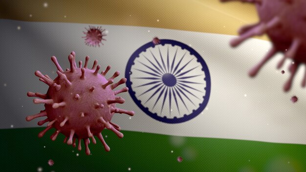 3D, Flu coronavirus floating over Indian flag, a pathogen that attacks the respiratory tract. India banner waving with pandemic of Covid19 virus infection concept. Real fabric texture ensign