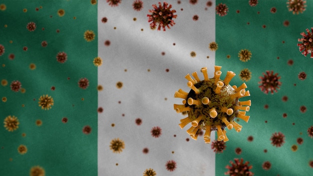 호흡기를 공격하는 병원체 인 나이지리아 깃발 위에 떠 다니는 3D 독감 코로나 바이러스. Covid19 바이러스 감염 개념의 유행병을 흔들며 나이지리아 템플릿.