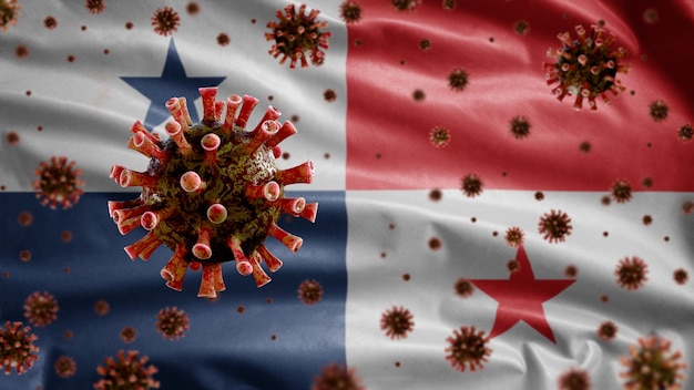 3D, Flu coronavirus floating over Panamanian flag, a pathogen that attacks the respiratory tract. Panama template waving with pandemic Covid19 virus infection concept