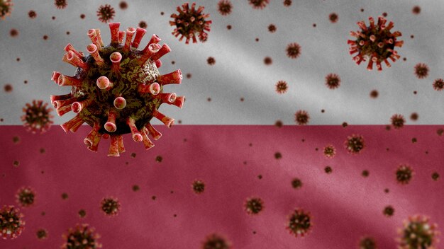 3D, Flu coronavirus floating over Polish flag, a pathogen that attacks the respiratory tract. Poland template waving with pandemic of Covid19 virus infection concept.