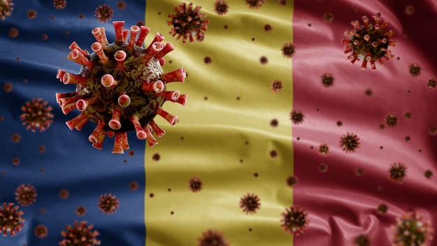 3D, Flu coronavirus floating over Romanian flag, a pathogen that attacks the respiratory tract. Romania template waving with pandemic of Covid19 virus infection concept.