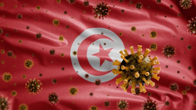 3D, Flu coronavirus floating over Tunisian flag, pathogen that attacks the respiratory tract. Tunisia template waving with pandemic of Covid 19 virus infection concept. Real fabric texture ensign