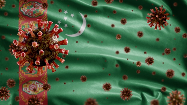 Photo 3d, flu coronavirus floating over turkmenistan flag, a pathogen that attacks the respiratory tract. turkmenia template waving with pandemic of covid19 virus infection concept.