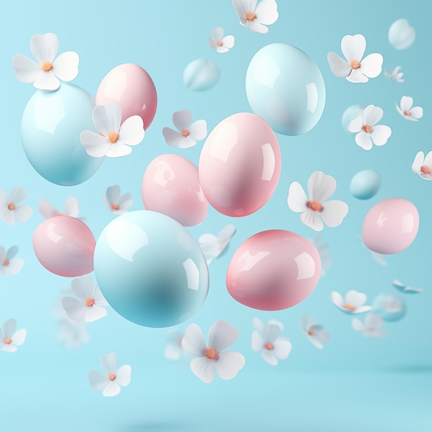 3d Flying colorful Easter eggs on blue background Happy Easter concept or banner