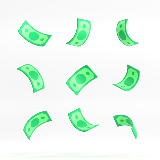 3d flying green banknotes in different positions in a minimalistic cartoon style money isolated on white background business and financial investment concept 3D rendering illustration