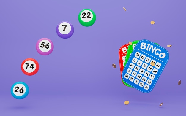 Photo 3d flying red lottery tickets and five colorful lottery balls on lilac background gambling concept