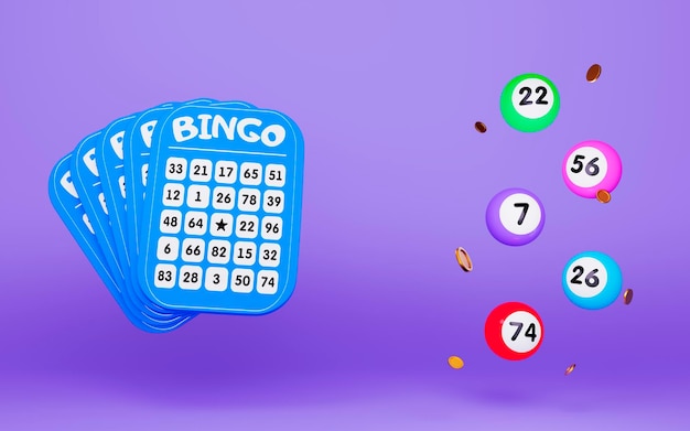 3d flying red lottery tickets and five colorful lottery balls on lilac background Gambling concept