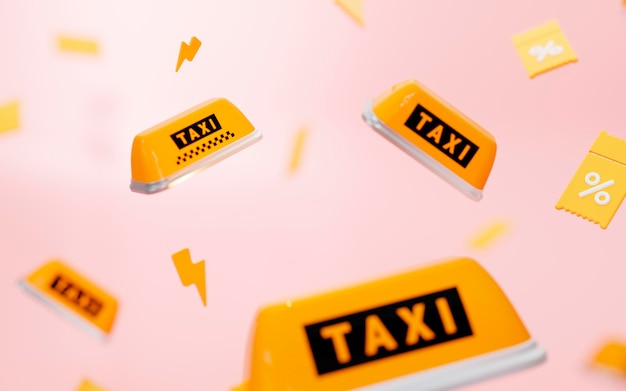 ピンクの背景の 3 d レンダリング図に黄色のクーポンが付いた 3 d 空飛ぶタクシーの標識