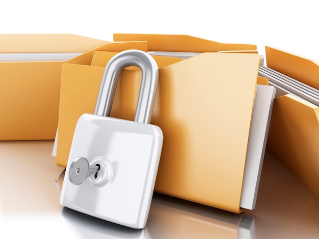 3d folders with padlock and key.