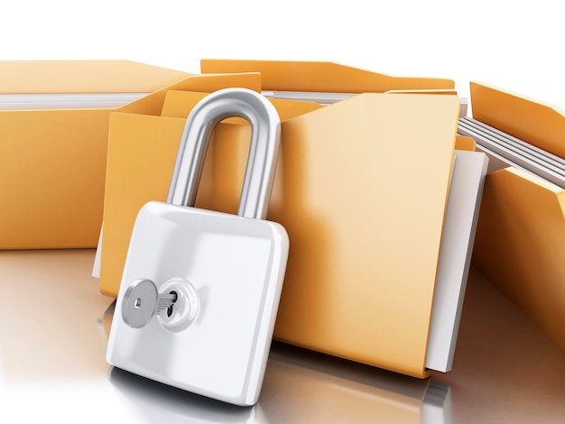 3d Folders with padlock and key.