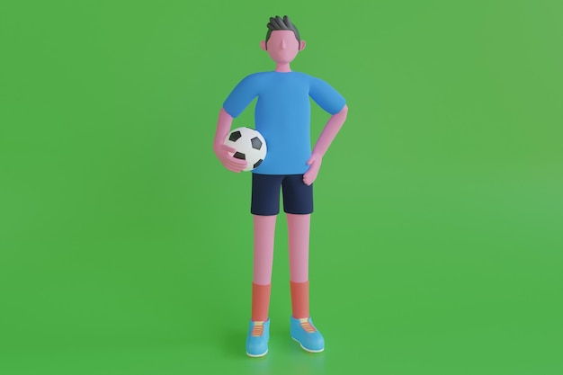3D Football-speler met bal geïsoleerde groene achtergrond. Voetballer handen met voetbal