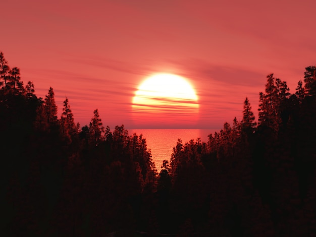 3D forest landscape against a sunset sky