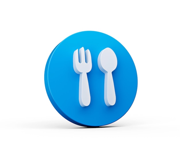 3d fork and spoon icon on blue button circle shape isolated on white background 3d illustration