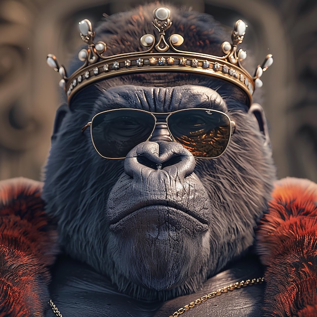 Foto 3d-foto's van een realistische gorilla met een zonnebril en een koninklijke kroon. hij is vriendelijk.