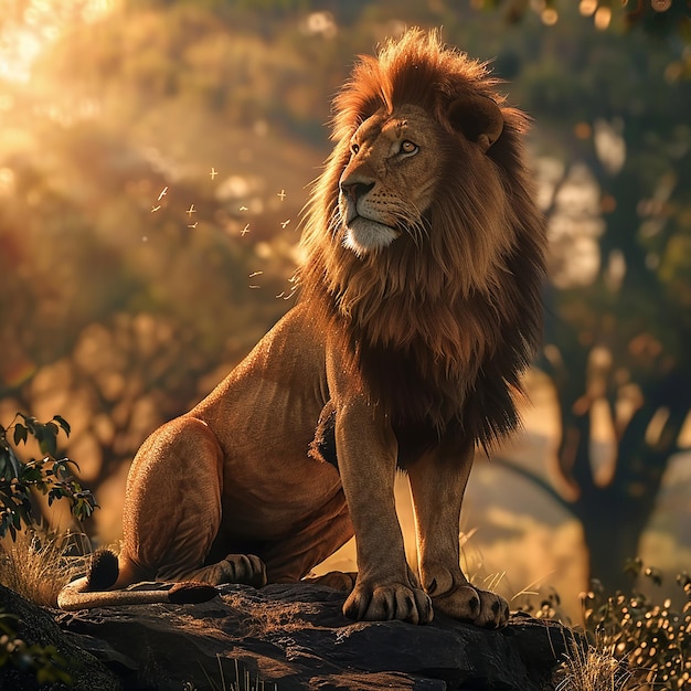 3D-foto van een leeuw met een natuurlijke achtergrond